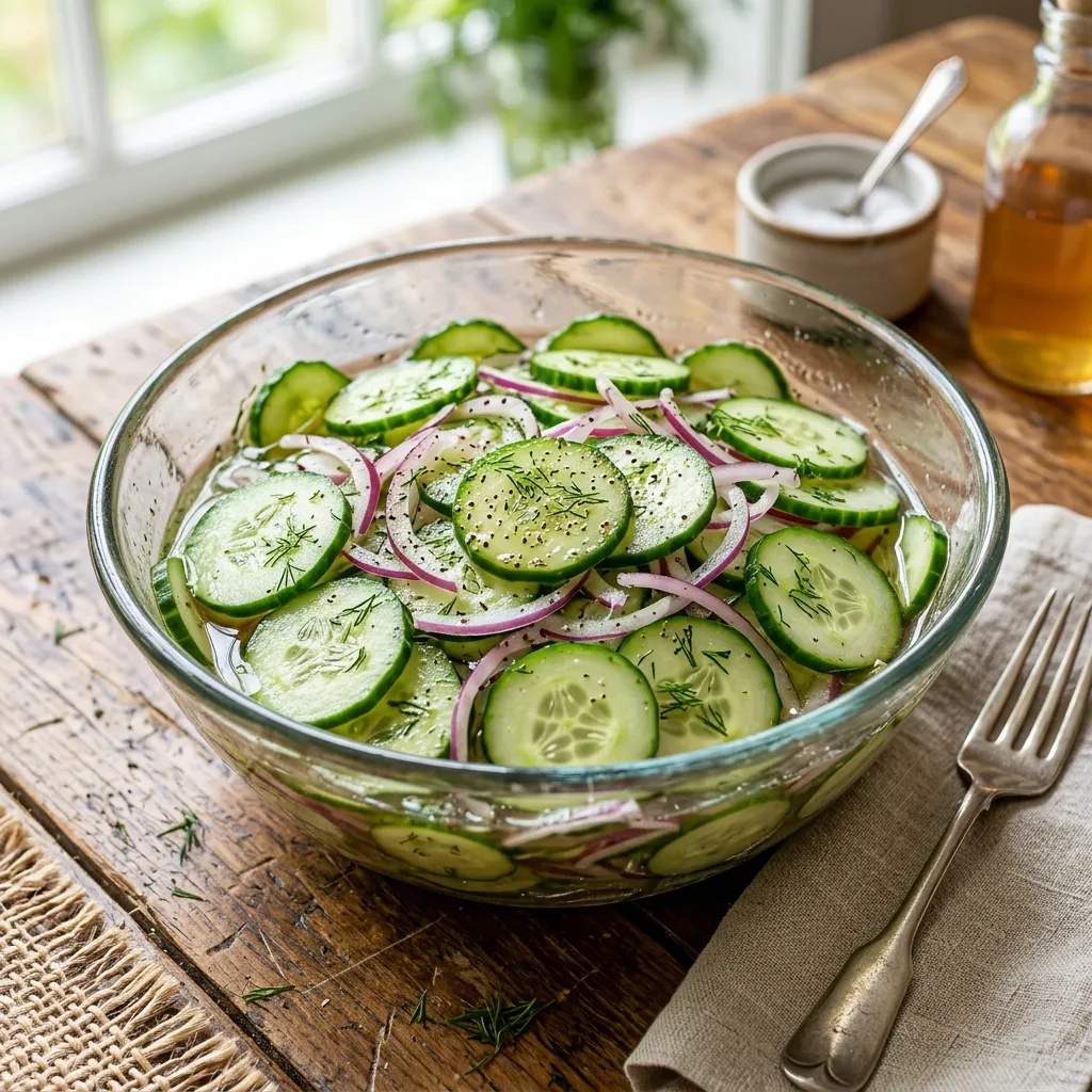 10 Best Cucumber Onions and Vinegar Salad Recipes (Sweet & Tangy) 2 Old-Fashioned Amish Sweet & Tangy Cucumber Onion Vinegar Salad - cucumber onions and vinegar salad recipe (AI Generated Image)