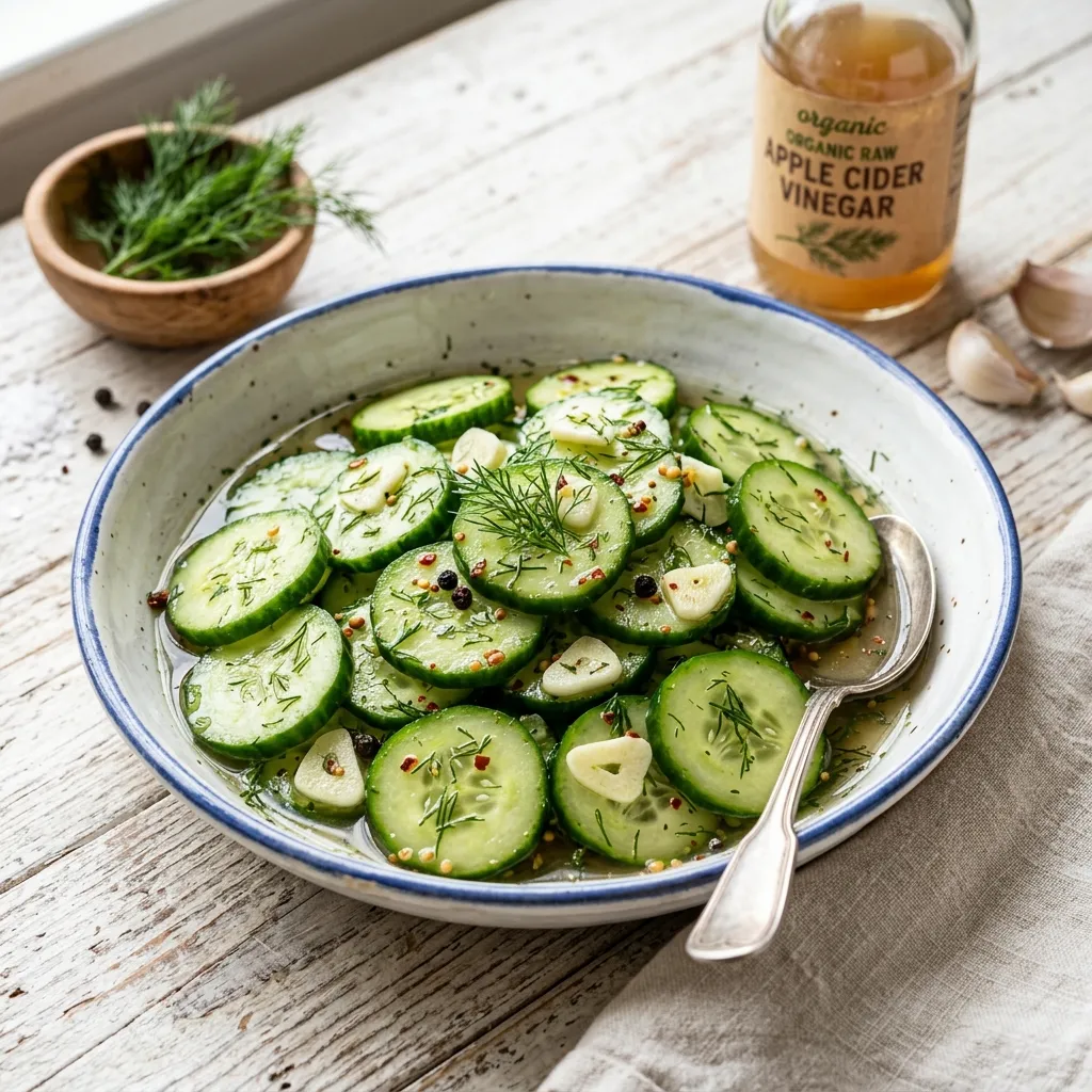 10 Best Cucumber Onions and Vinegar Salad Recipes (Sweet & Tangy) 3 Garlic Dill Apple Cider Vinegar Marinated Cucumbers - cucumber onions and vinegar salad recipe (AI Generated Image)