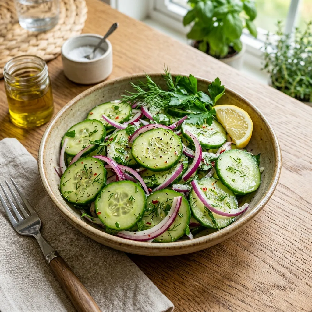 10 Best Cucumber Onions and Vinegar Salad Recipes (Sweet & Tangy) 4 Classic Red Onion & Cucumber Vinegar Salad (Grandma's Recipe) - cucumber onions and vinegar salad recipe (AI Generated Image)