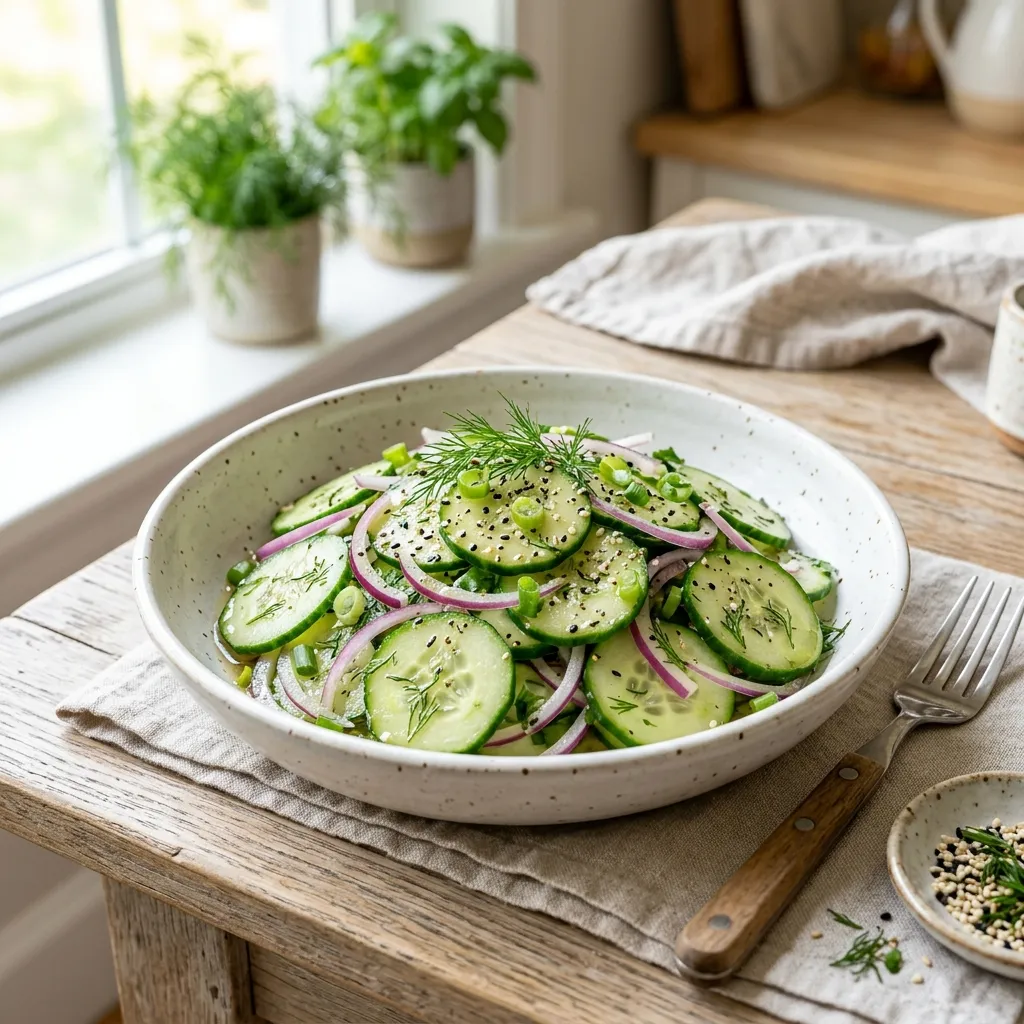 10 Best Cucumber Onions and Vinegar Salad Recipes (Sweet & Tangy) 5 Sugar-Free Keto Rice Vinegar Cucumber & Onion Salad - cucumber onions and vinegar salad recipe (AI Generated Image)