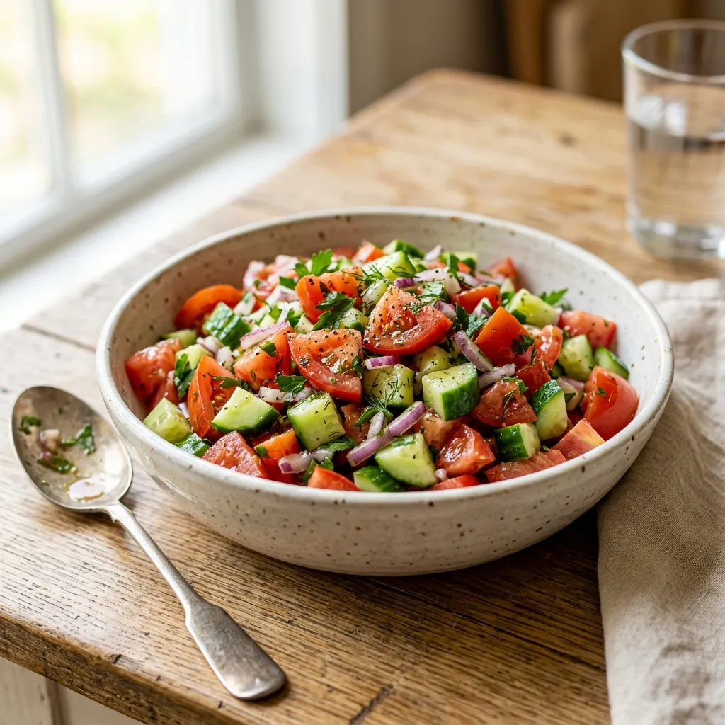 10 Best Cucumber Onions and Vinegar Salad Recipes (Sweet & Tangy) 6 Zesty Tomato Cucumber Onion Vinegar Trio - cucumber onions and vinegar salad recipe (AI Generated Image)