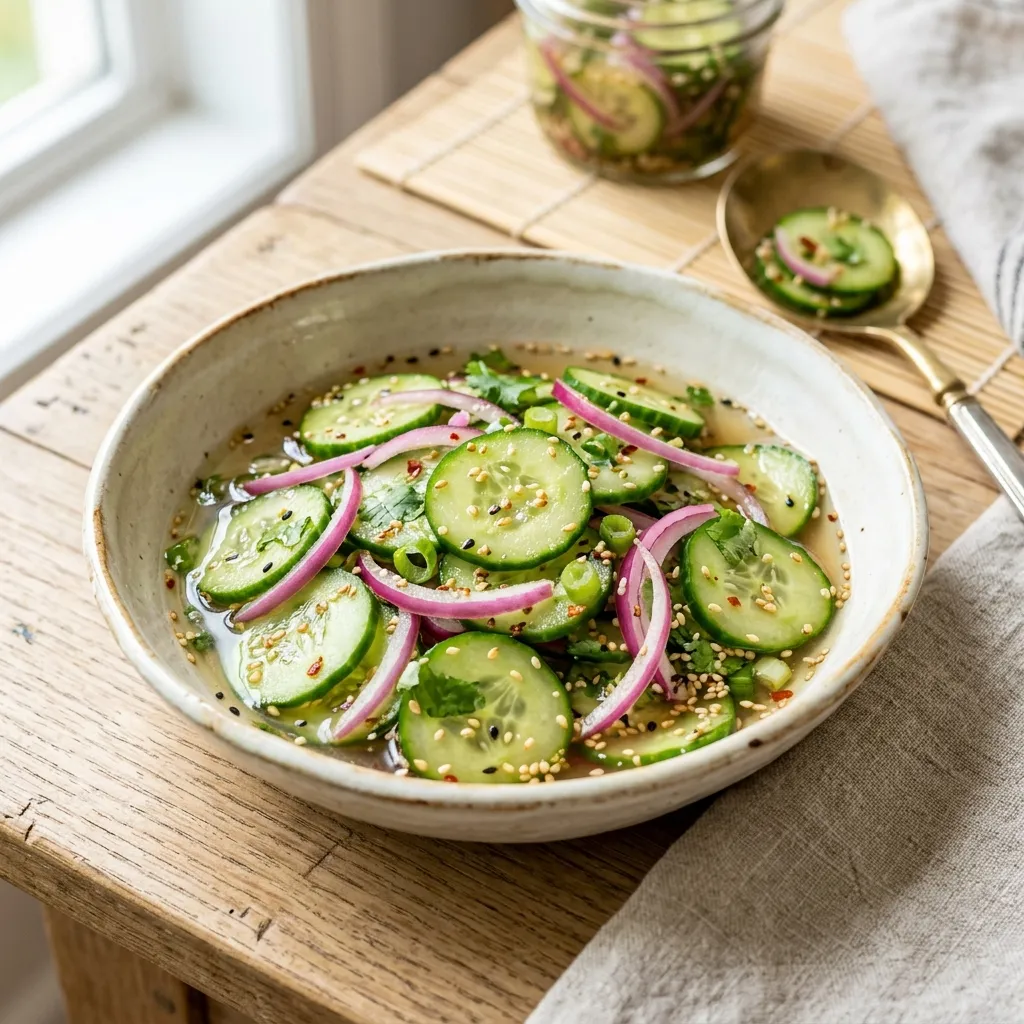 10 Best Cucumber Onions and Vinegar Salad Recipes (Sweet & Tangy) 7 Asian-Inspired Sesame Rice Wine Cucumber & Red Onion Pickles - cucumber onions and vinegar salad recipe (AI Generated Image)