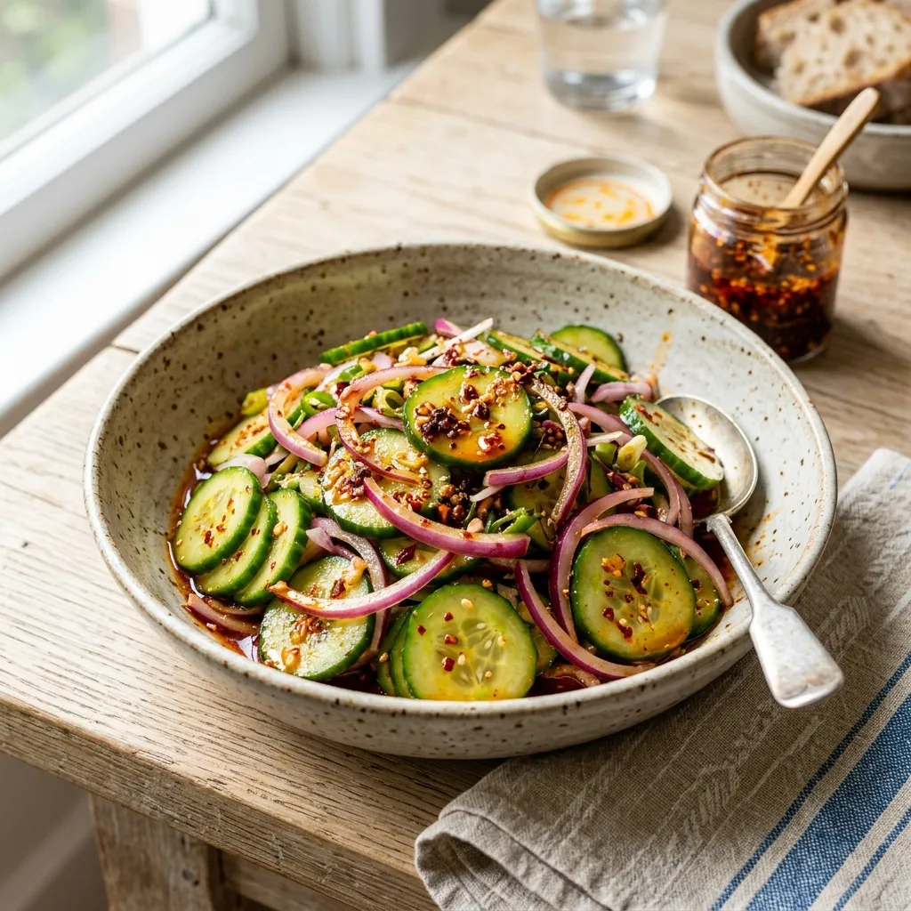 10 Best Cucumber Onions and Vinegar Salad Recipes (Sweet & Tangy) 8 Spicy Chili Crisp Cucumber Onion Vinegar Quick-Pickle - cucumber onions and vinegar salad recipe (AI Generated Image)