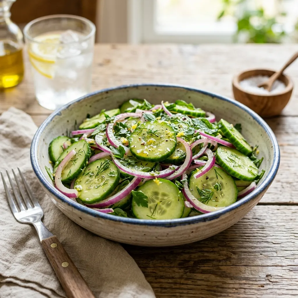 10 Best Cucumber Onions and Vinegar Salad Recipes (Sweet & Tangy) 9 Herbed Mediterranean Lemon Vinegar Cucumber Onion Salad - cucumber onions and vinegar salad recipe (AI Generated Image)