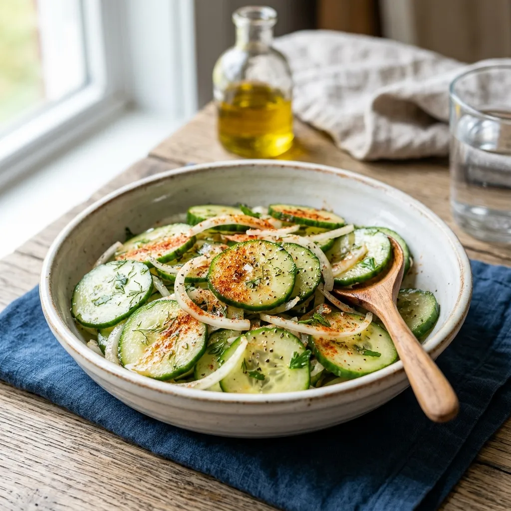 10 Best Cucumber Onions and Vinegar Salad Recipes (Sweet & Tangy) 10 Smoky Paprika & Sea Salt Vinegar Cucumbers with Sweet Onions - cucumber onions and vinegar salad recipe (AI Generated Image)