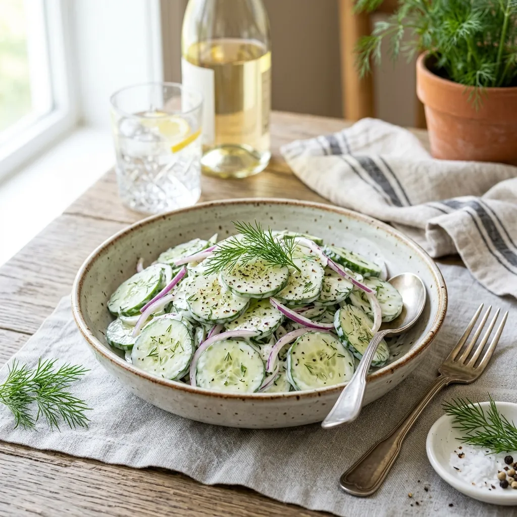 10 Best Cucumber Onions and Vinegar Salad Recipes (Sweet & Tangy) 11 Creamy Dilled Cucumber Onion Salad with White Vinegar Punch - cucumber onions and vinegar salad recipe (AI Generated Image)