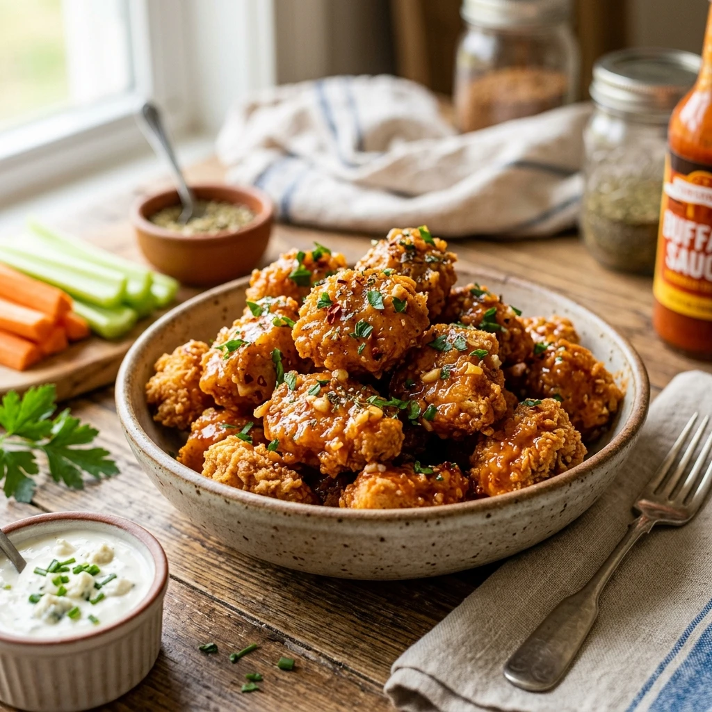 30 Easy High-Protein Meals Ready in 15 Minutes (30g+ Protein) 2 Air Fryer Crispy Garlic Buffalo Chicken Bites - easy high protein meals (AI Generated Image)