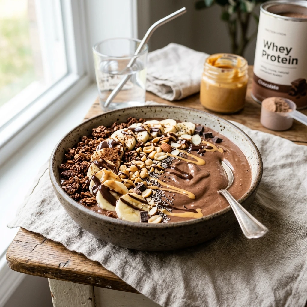 30 Easy High-Protein Meals Ready in 15 Minutes (30g+ Protein) 11 High-Protein Chocolate Peanut Butter Whey Smoothie Bowl - easy high protein meals (AI Generated Image)