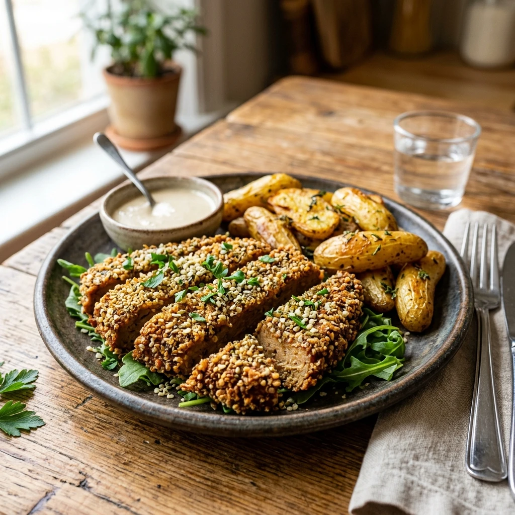 30 Easy High-Protein Meals Ready in 15 Minutes (30g+ Protein) 12 Savory Hemp-Crusted Seitan Steak Strips - easy high protein meals (AI Generated Image)
