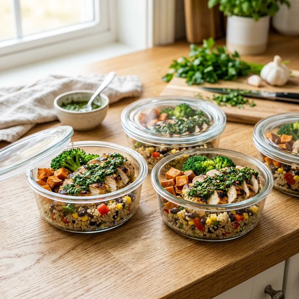 30 Easy High-Protein Meals Ready in 15 Minutes (30g+ Protein) 13 Batch-Prepped Chimichurri Chicken Breast Glass Bowls - easy high protein meals (AI Generated Image)