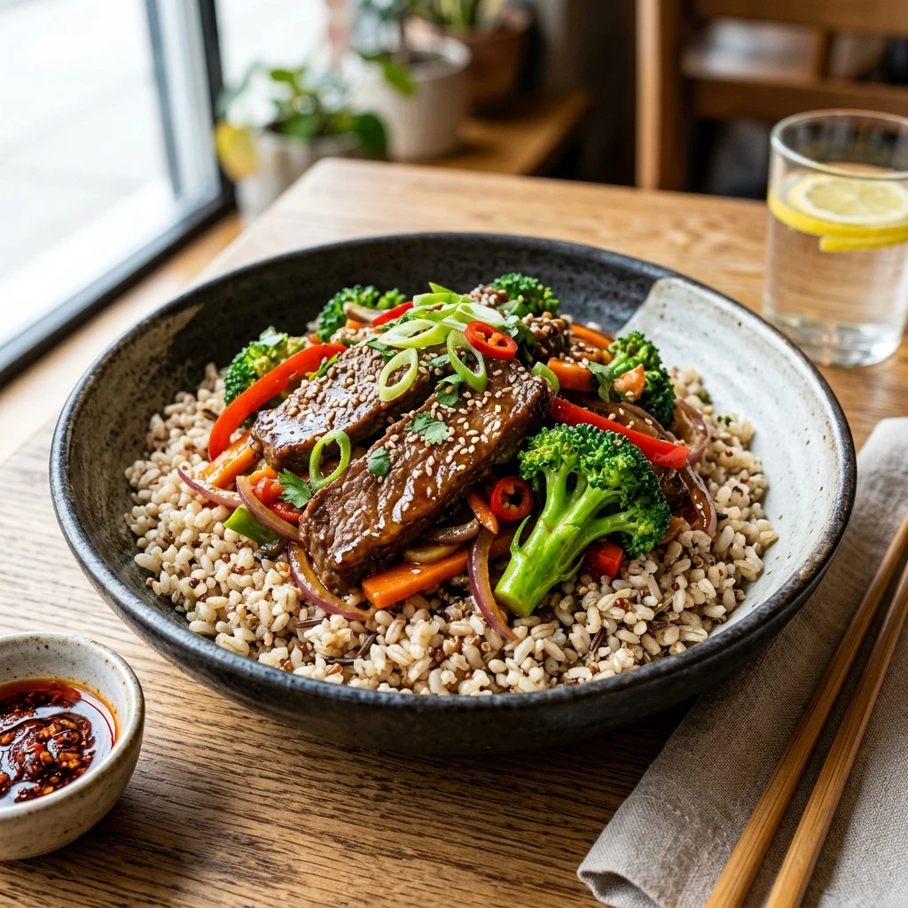 30 Easy High-Protein Meals Ready in 15 Minutes (30g+ Protein) 14 Velveted Beef & Broccoli Stir-Fry with Fiber-Packed Rice - easy high protein meals (AI Generated Image)