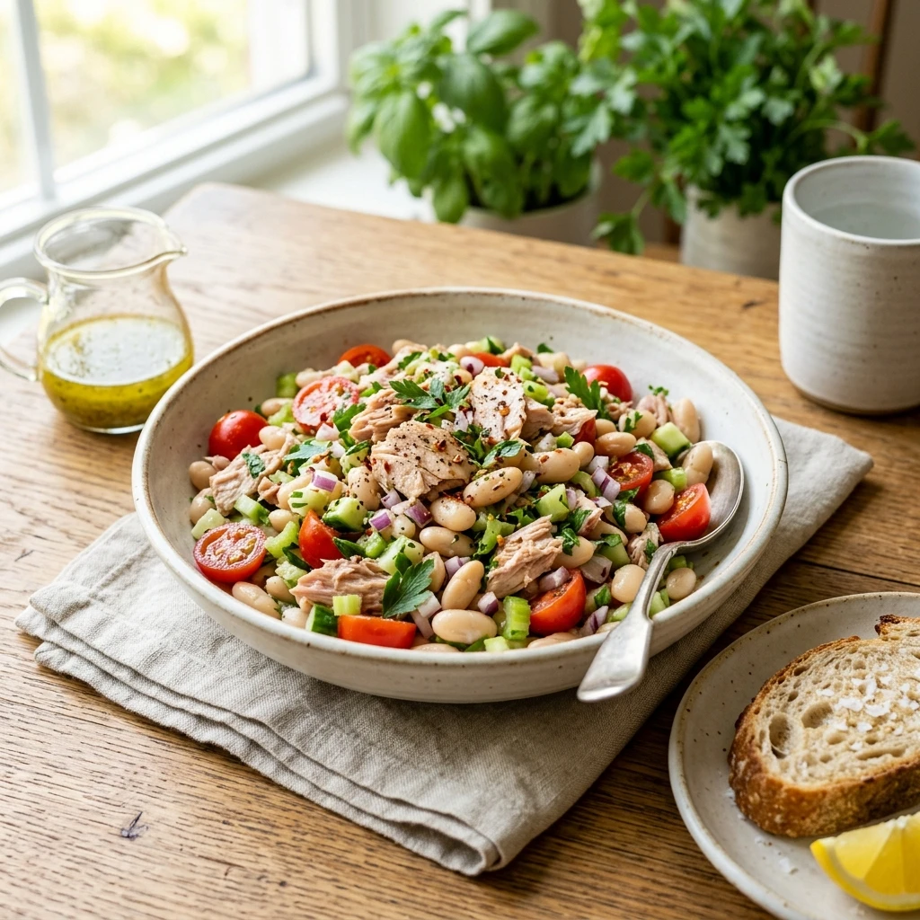 30 Easy High-Protein Meals Ready in 15 Minutes (30g+ Protein) 15 Quick Cold Tuna & White Bean Protein Salad - easy high protein meals (AI Generated Image)