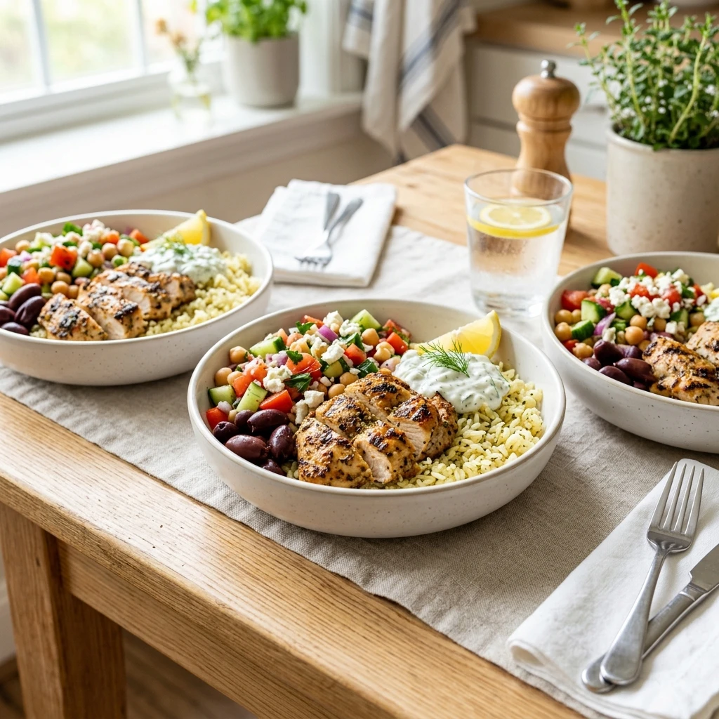 30 Easy High-Protein Meals Ready in 15 Minutes (30g+ Protein) 17 Flash-Frozen Meal Prep Greek Chicken Rice Bowls - easy high protein meals (AI Generated Image)