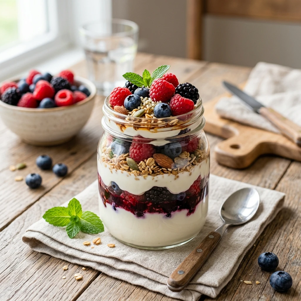 30 Easy High-Protein Meals Ready in 15 Minutes (30g+ Protein) 18 High-Protein Berry Whole-Food Breakfast Parfait - easy high protein meals (AI Generated Image)