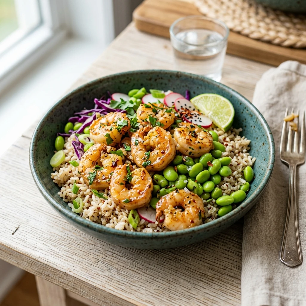 30 Easy High-Protein Meals Ready in 15 Minutes (30g+ Protein) 19 15-Minute Garlic Butter Shrimp & Edamame Bowl - easy high protein meals (AI Generated Image)