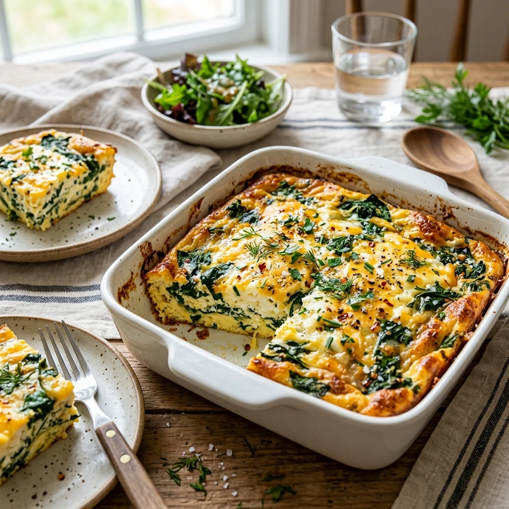 30 Easy High-Protein Meals Ready in 15 Minutes (30g+ Protein) 20 Savory Cottage Cheese & Spinach Egg Bake - easy high protein meals (AI Generated Image)