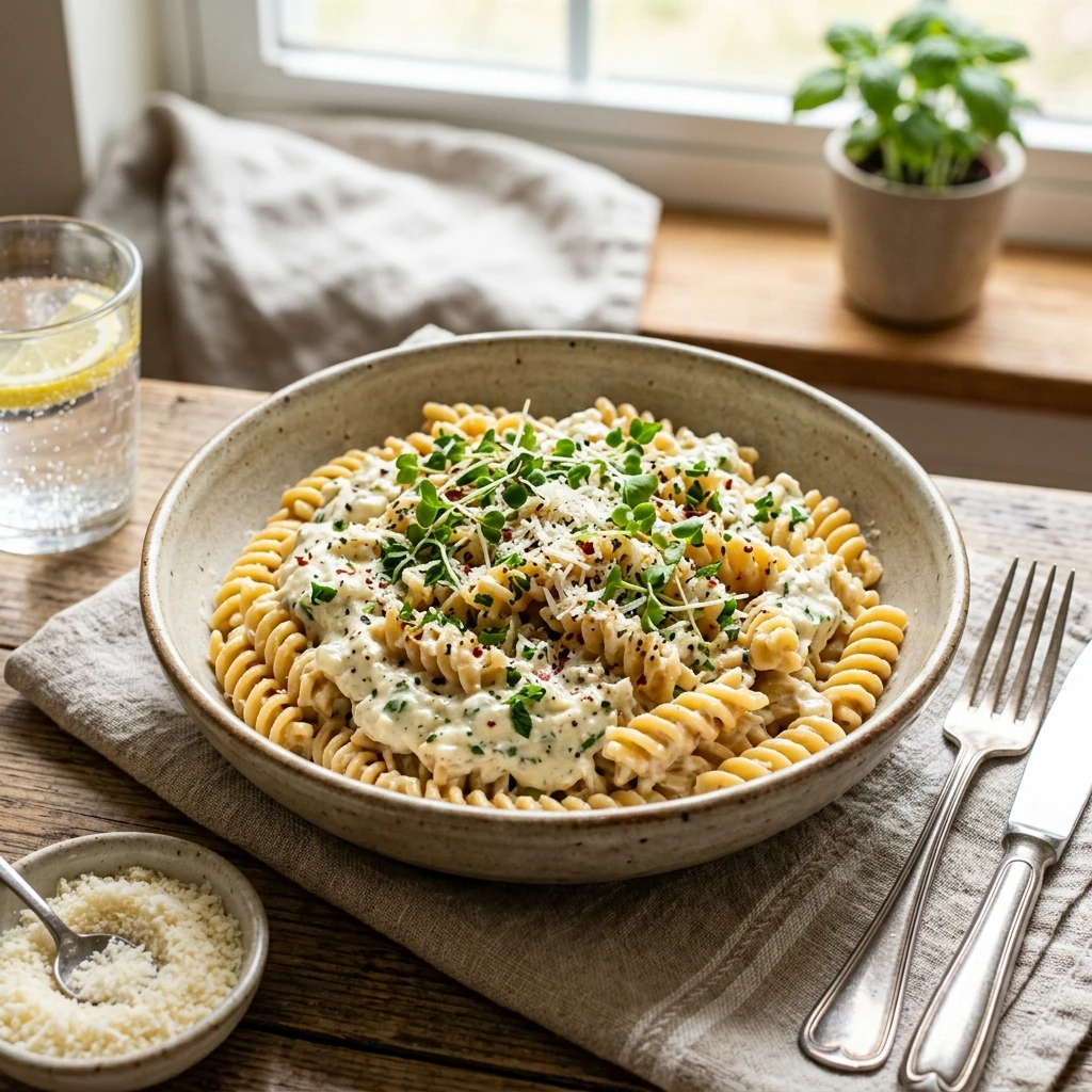 30 Easy High-Protein Meals Ready in 15 Minutes (30g+ Protein) 3 Whipped Cottage Cheese Alfredo Chickpea Pasta - easy high protein meals (AI Generated Image)