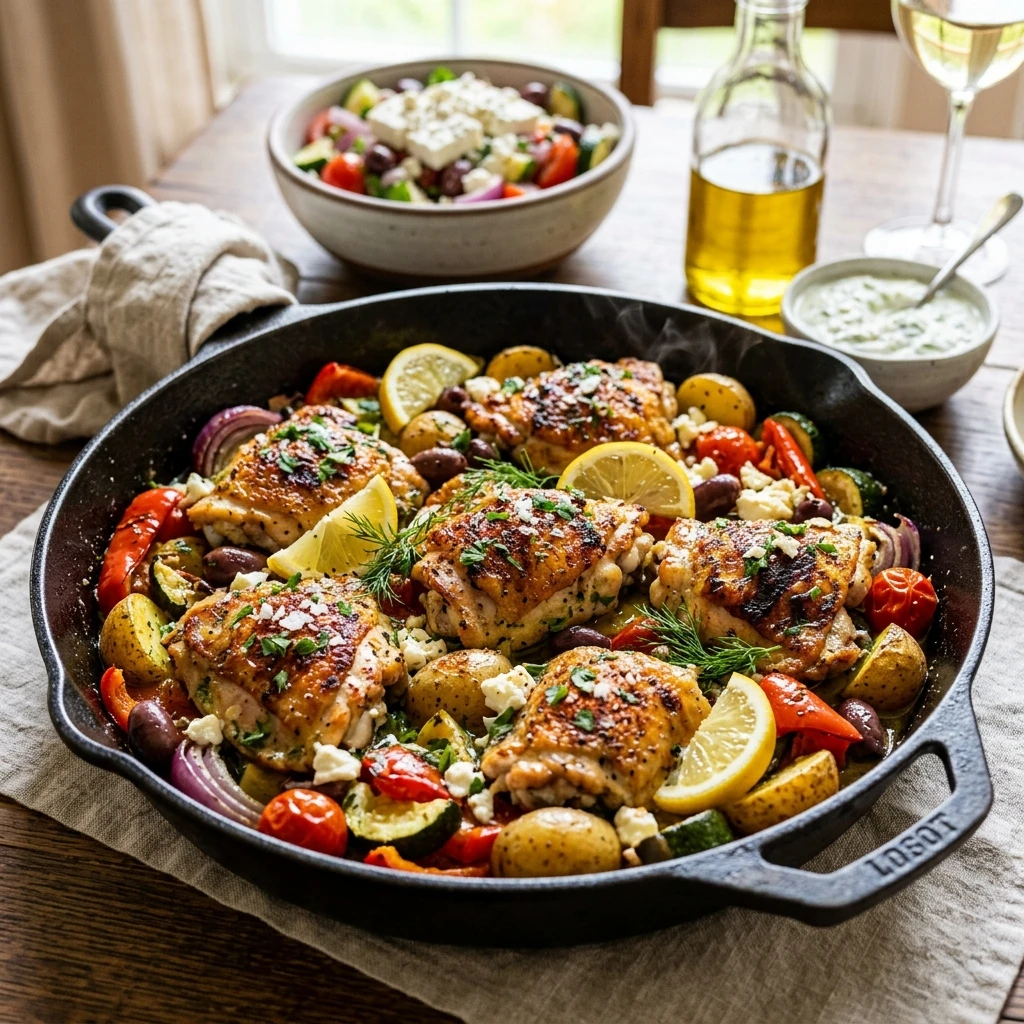 30 Easy High-Protein Meals Ready in 15 Minutes (30g+ Protein) 21 One-Pan Greek Lemon Chicken & Herb Vegetables - easy high protein meals (AI Generated Image)