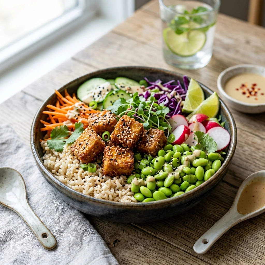 30 Easy High-Protein Meals Ready in 15 Minutes (30g+ Protein) 22 Crispy Sesame Tofu & Edamame Crunch Bowl - easy high protein meals (AI Generated Image)