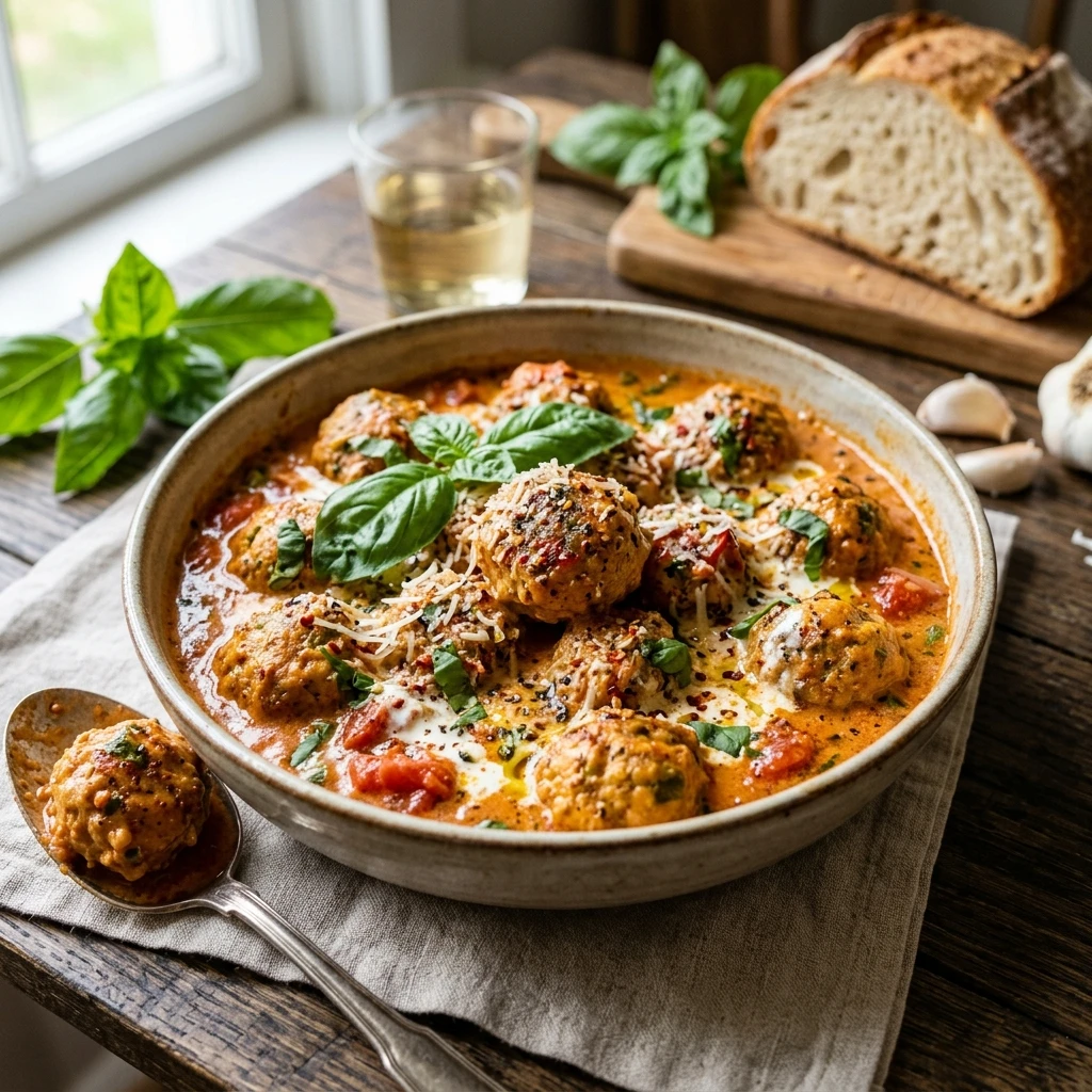 30 Easy High-Protein Meals Ready in 15 Minutes (30g+ Protein) 23 Spicy Turkey Meatballs in Creamy Tomato Basil Sauce - easy high protein meals (AI Generated Image)