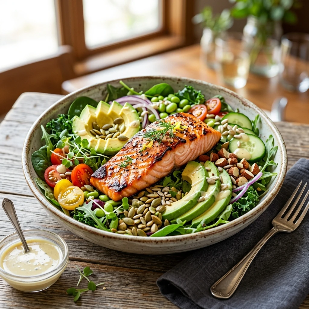 30 Easy High-Protein Meals Ready in 15 Minutes (30g+ Protein) 24 High-Protein Salmon & Avocado Power Salad - easy high protein meals (AI Generated Image)