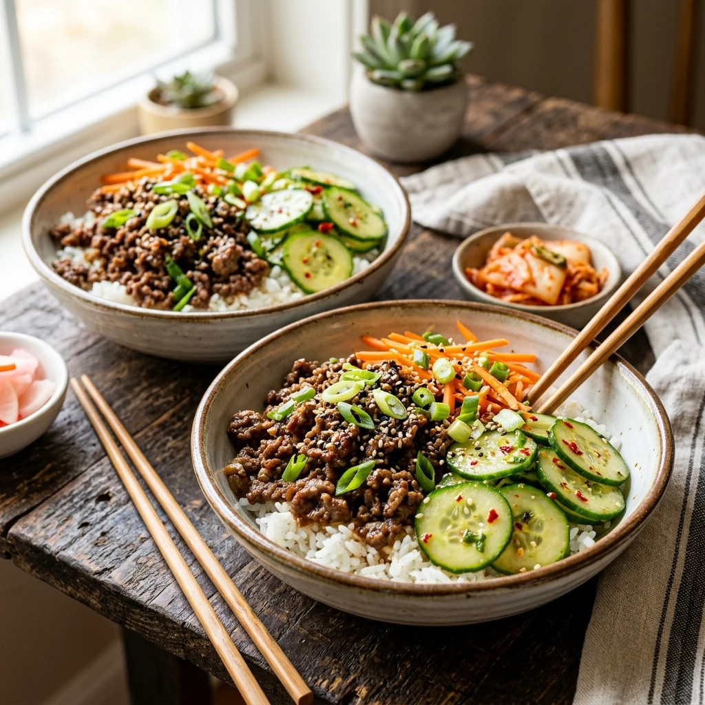 30 Easy High-Protein Meals Ready in 15 Minutes (30g+ Protein) 25 Korean-Style Bulgogi Ground Beef & Cucumber Bowls - easy high protein meals (AI Generated Image)