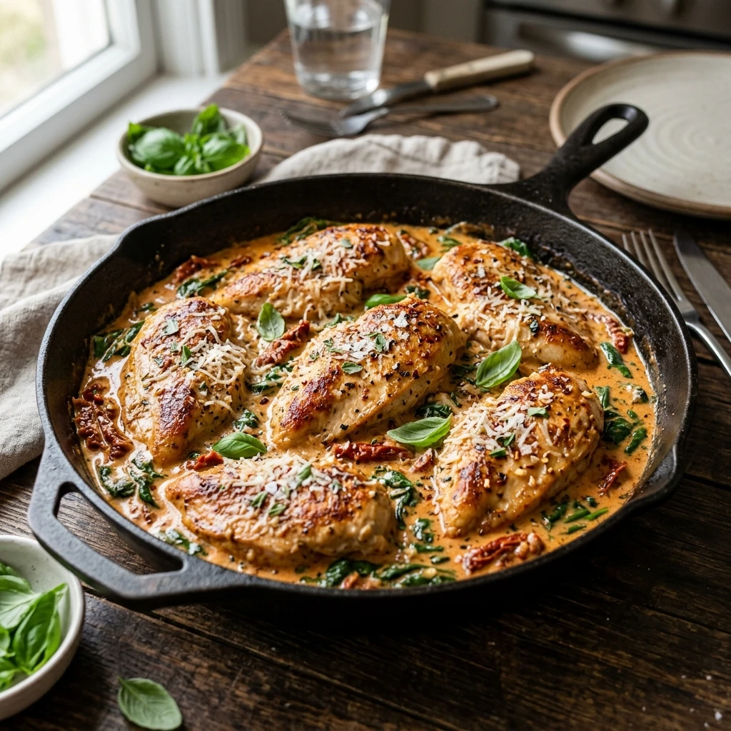 30 Easy High-Protein Meals Ready in 15 Minutes (30g+ Protein) 26 Creamy Sun-Dried Tomato Chicken Breast Skillet - easy high protein meals (AI Generated Image)