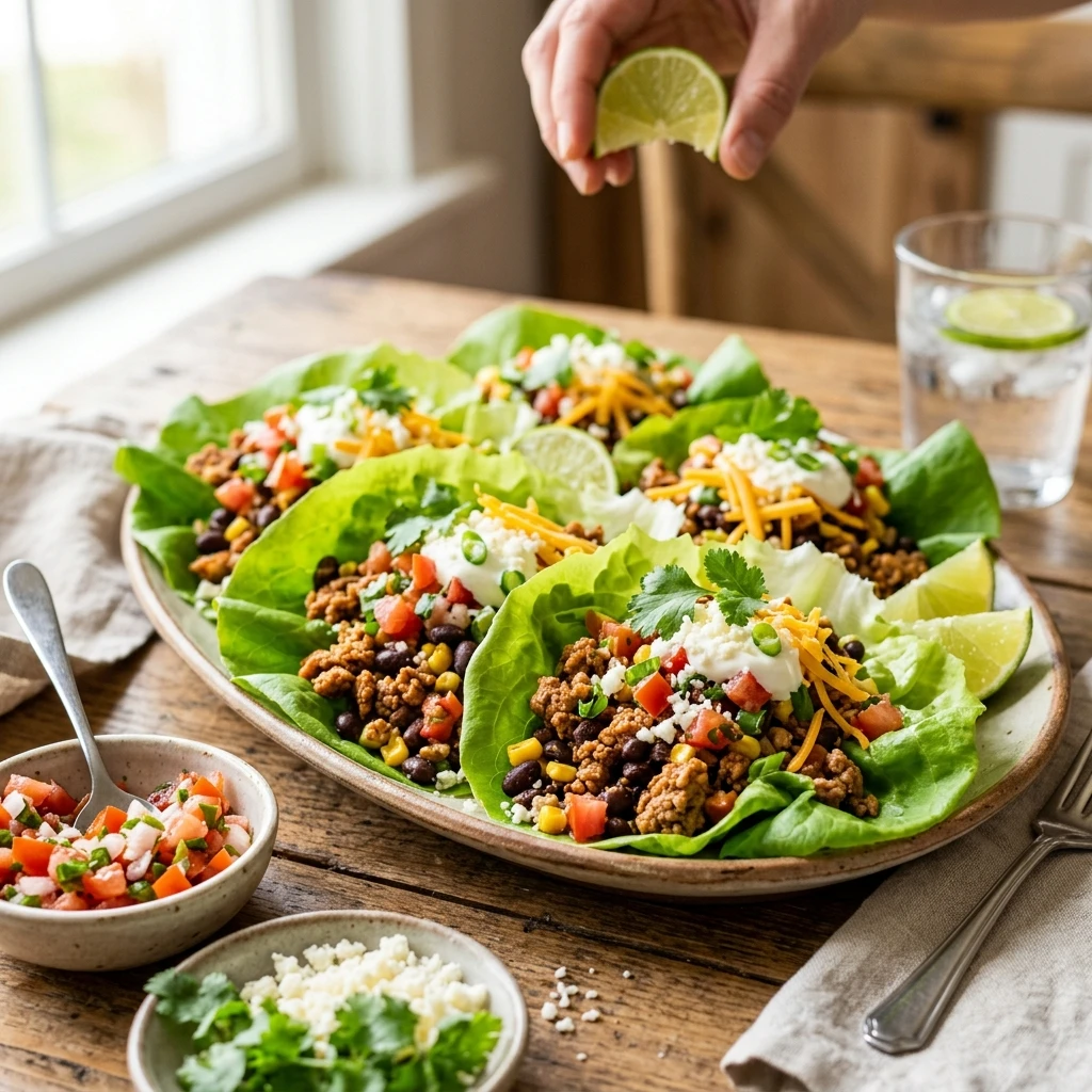 30 Easy High-Protein Meals Ready in 15 Minutes (30g+ Protein) 27 Easy Black Bean & Turkey Taco Lettuce Wraps - easy high protein meals (AI Generated Image)