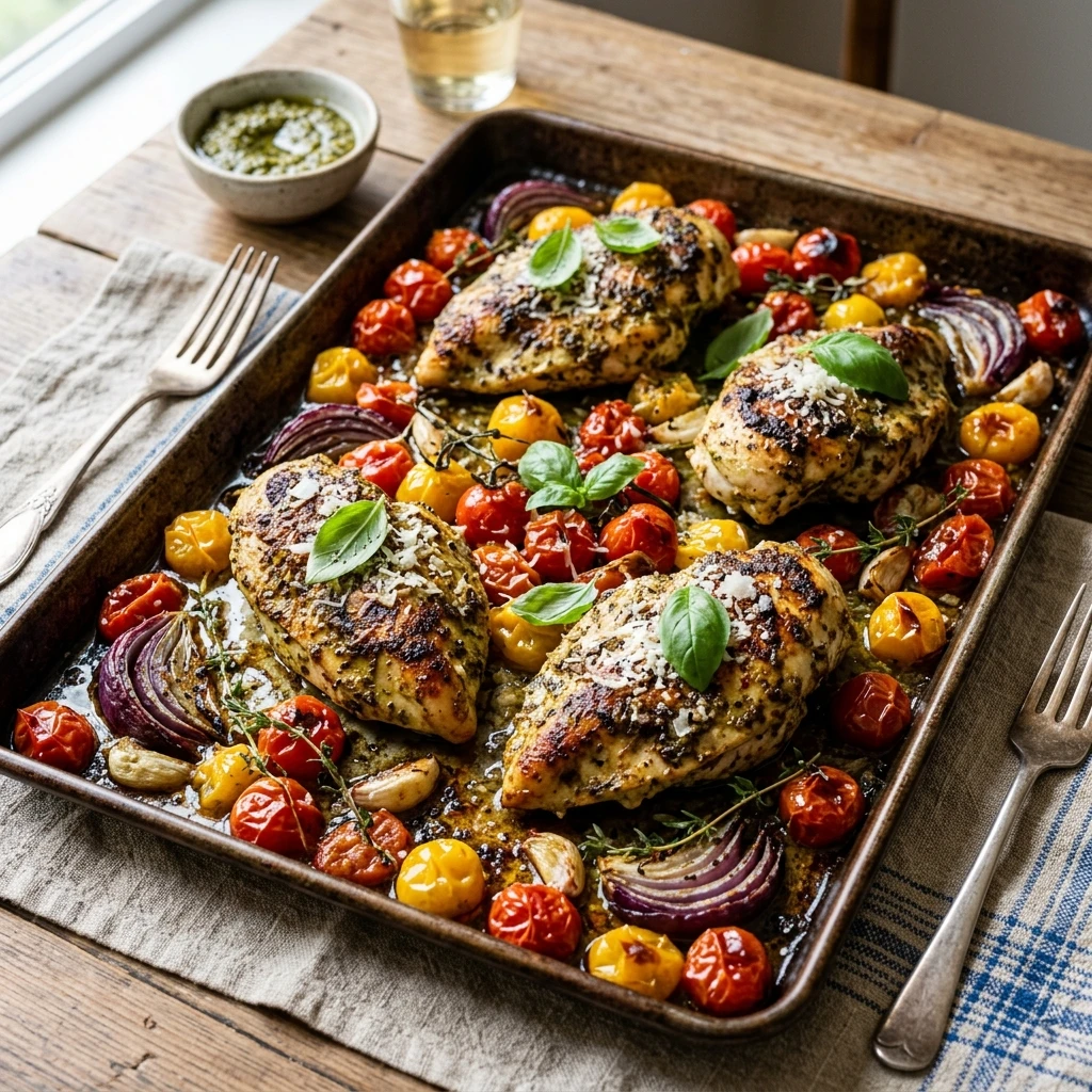 30 Easy High-Protein Meals Ready in 15 Minutes (30g+ Protein) 29 Sheet-Pan Pesto Chicken & Roasted Cherry Tomatoes - easy high protein meals (AI Generated Image)