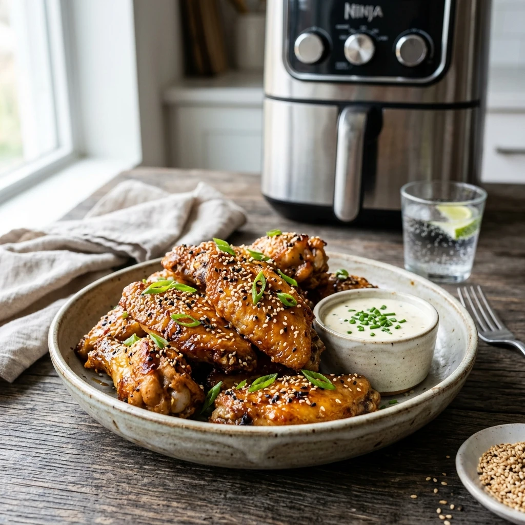 30 Easy High-Protein Meals Ready in 15 Minutes (30g+ Protein) 30 Air Fryer Sesame Garlic Chicken Wings - easy high protein meals (AI Generated Image)