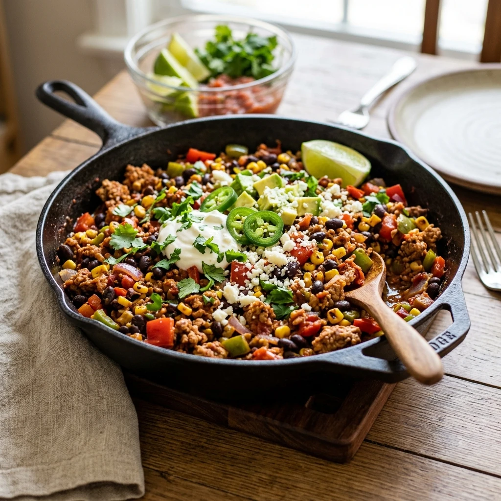30 Easy High-Protein Meals Ready in 15 Minutes (30g+ Protein) 4 15-Minute Chipotle Ground Turkey & Black Bean Skillet - easy high protein meals (AI Generated Image)