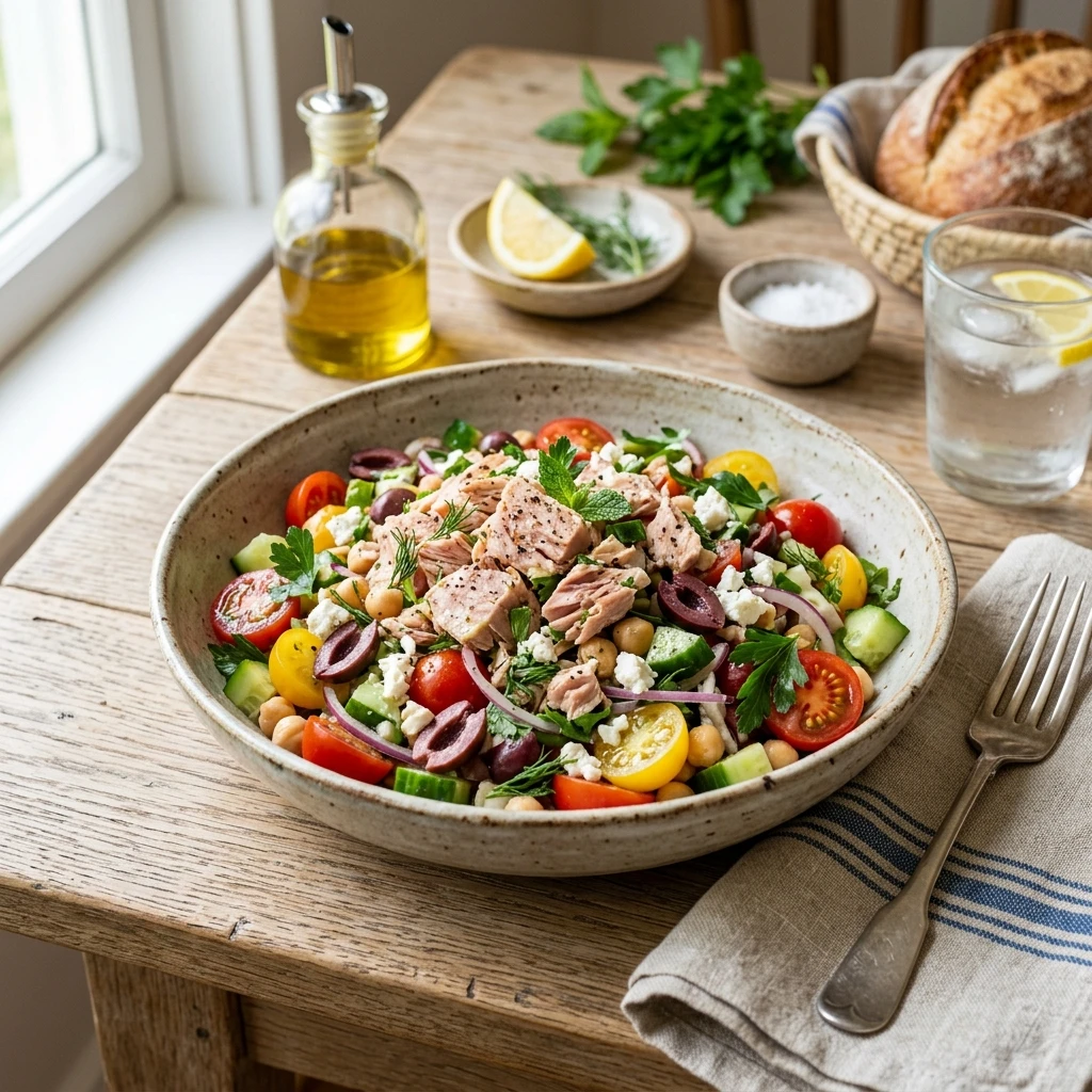 30 Easy High-Protein Meals Ready in 15 Minutes (30g+ Protein) 7 10-Minute Mediterranean Wild Albacore Tuna Salad - easy high protein meals (AI Generated Image)