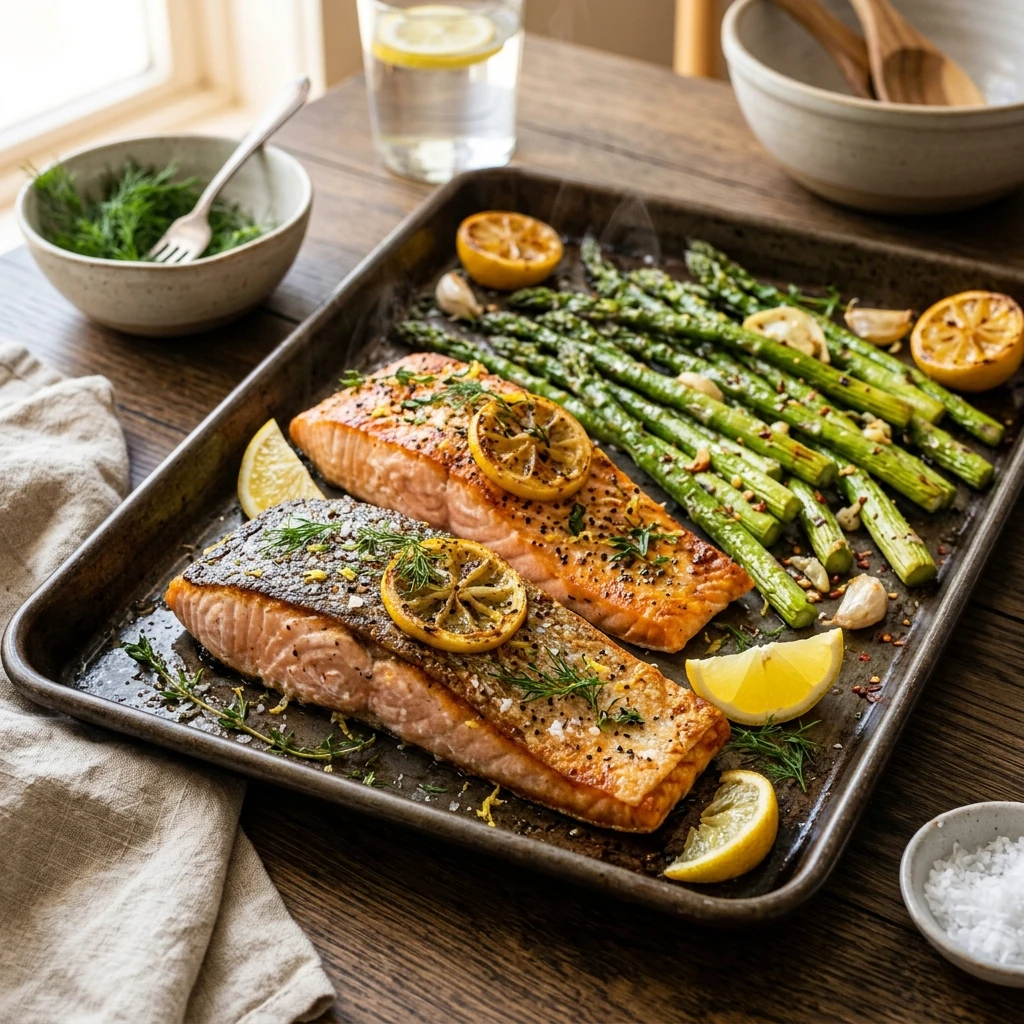 30 Easy High-Protein Meals Ready in 15 Minutes (30g+ Protein) 8 Crispy Sheet-Pan Lemon Herb Salmon & Asparagus - easy high protein meals (AI Generated Image)