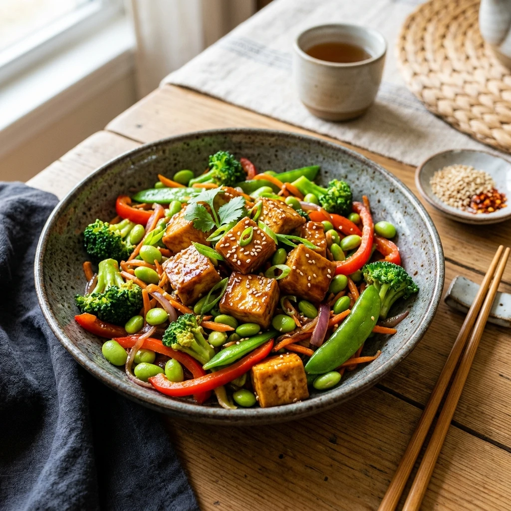 30 Easy High-Protein Meals Ready in 15 Minutes (30g+ Protein) 9 Teriyaki Tofu & Edamame Veggie Stir-Fry - easy high protein meals (AI Generated Image)