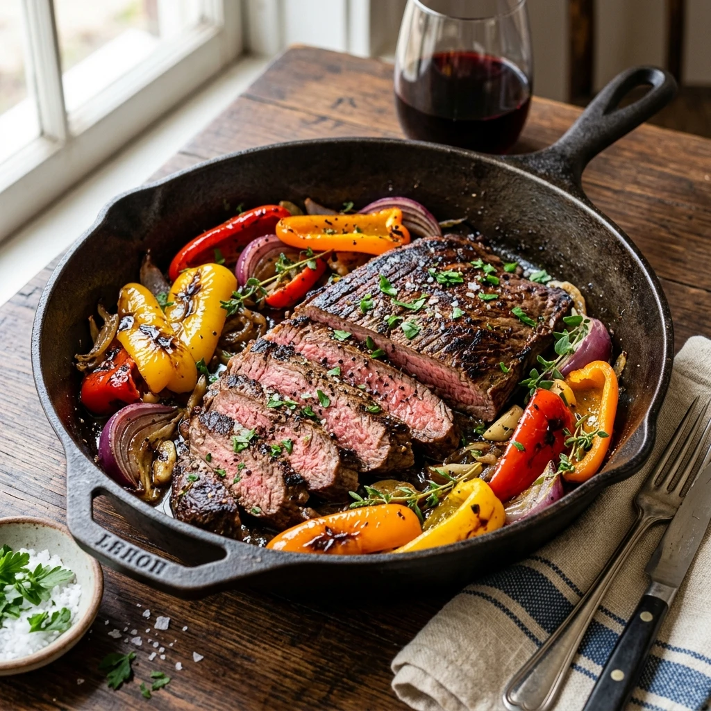 30 Easy High-Protein Meals Ready in 15 Minutes (30g+ Protein) 10 Heavy Cast-Iron Seared Flank Steak & Bell Pepper Skillet - easy high protein meals (AI Generated Image)