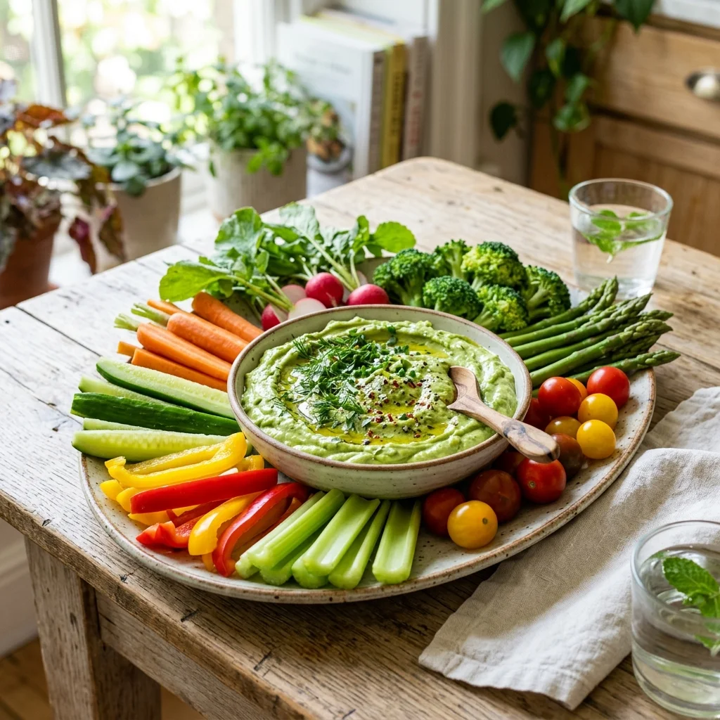 High-Powered Avocado Green Goddess Dip & Veggies - flavorful high fiber recipes (AI Generated Image)
