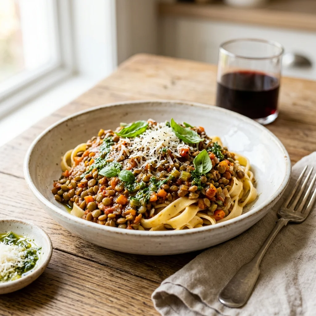 Gently Simmered Lentil Bolognese with Herb Oil - flavorful high fiber recipes (AI Generated Image)