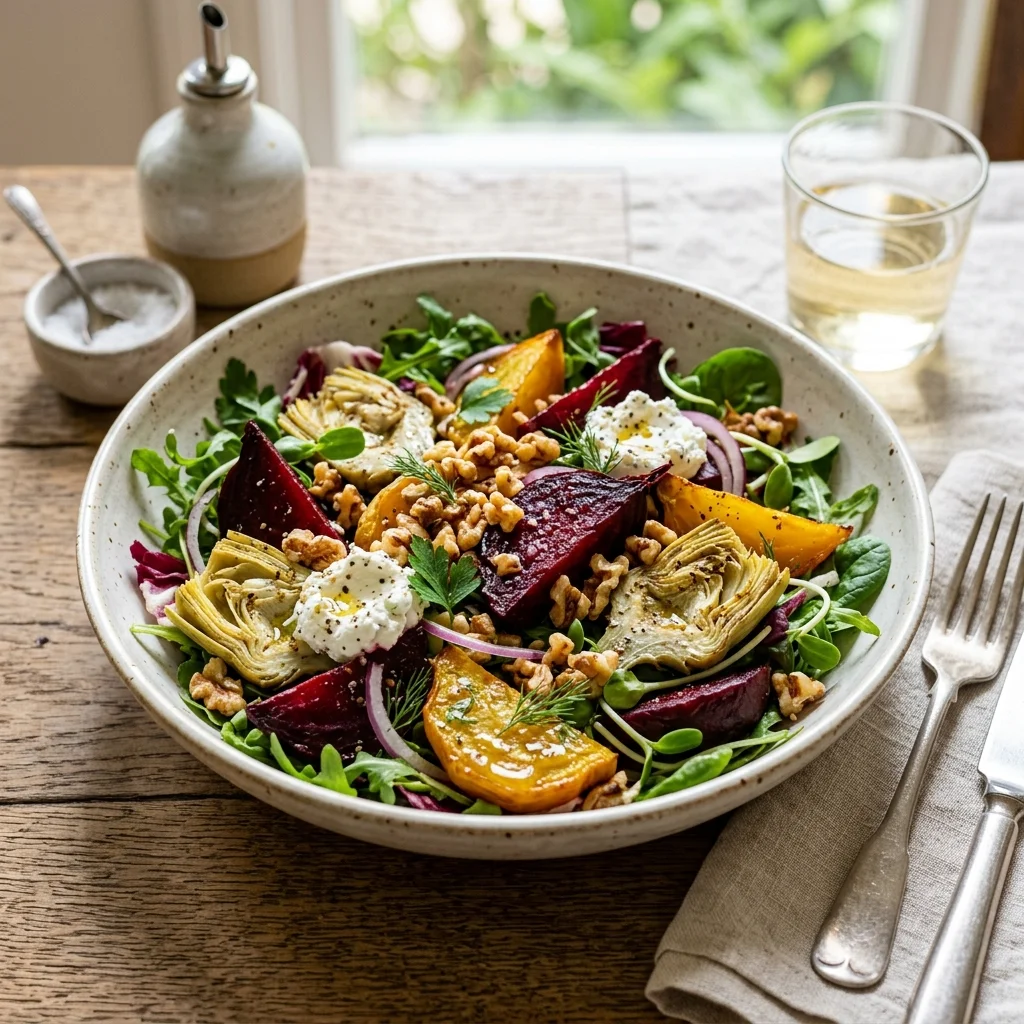 Roasted Beet & Artichoke Salad with Walnut Crumbles - flavorful high fiber recipes (AI Generated Image)