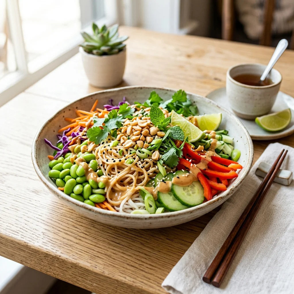 Chilled Thai Edamame Noodle Salad with Peanut Dressing - flavorful high fiber recipes (AI Generated Image)
