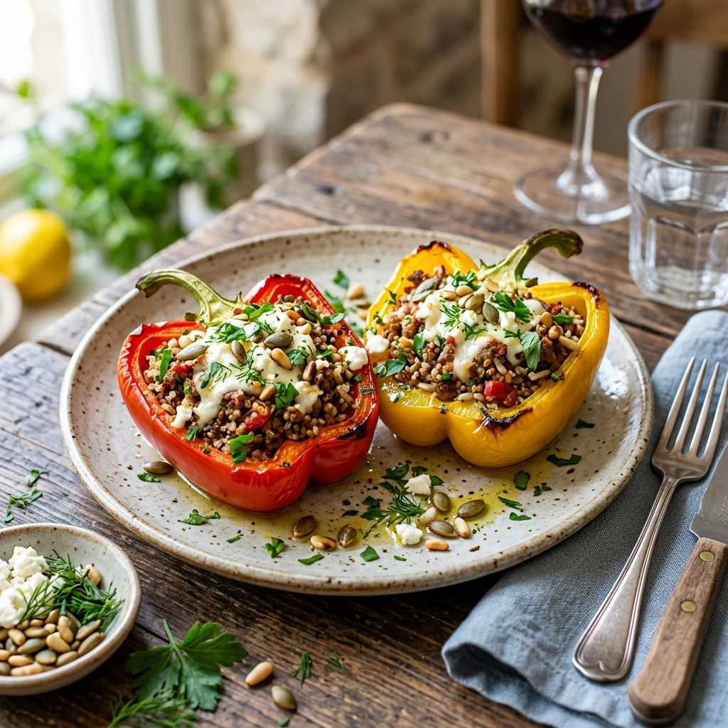 Mediterranean Stuffed Bell Peppers with Herbs & Seeds - flavorful high fiber recipes (AI Generated Image)