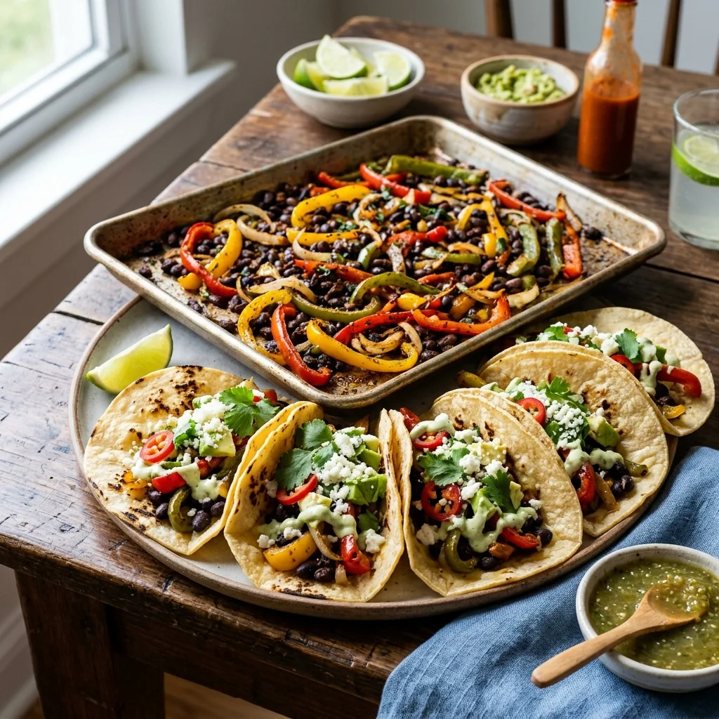 Crispy Sheet Pan Fajita Veggies & Black Bean Tacos - flavorful high fiber recipes (AI Generated Image)