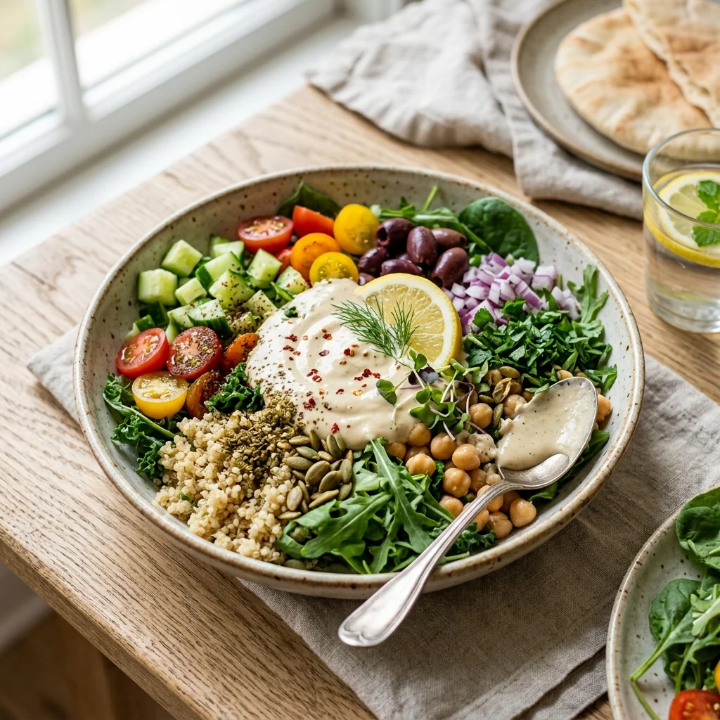 Creamy Citrus Tahini Mediterranean Fiber Bowl - flavorful high fiber recipes (AI Generated Image)