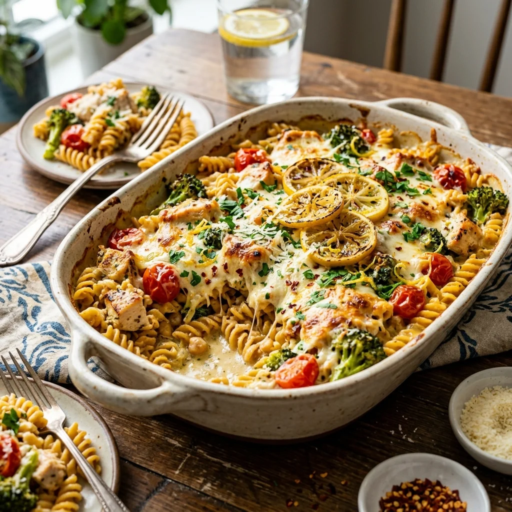 Zesty Lemon Garlic Banza Chickpea Pasta Bake - flavorful high fiber recipes (AI Generated Image)