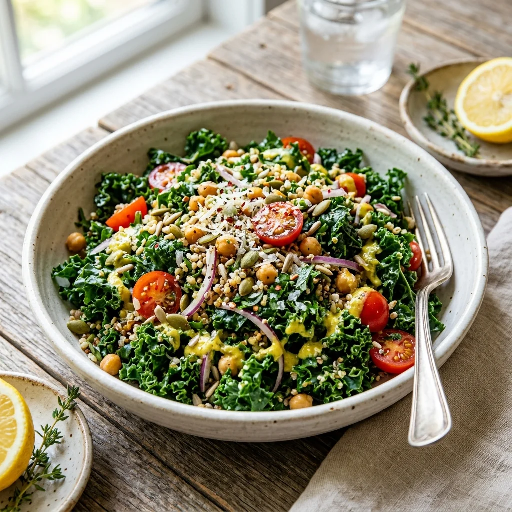 Garlic Massaged Kale Salad with Sprouted Grains - flavorful high fiber recipes (AI Generated Image)