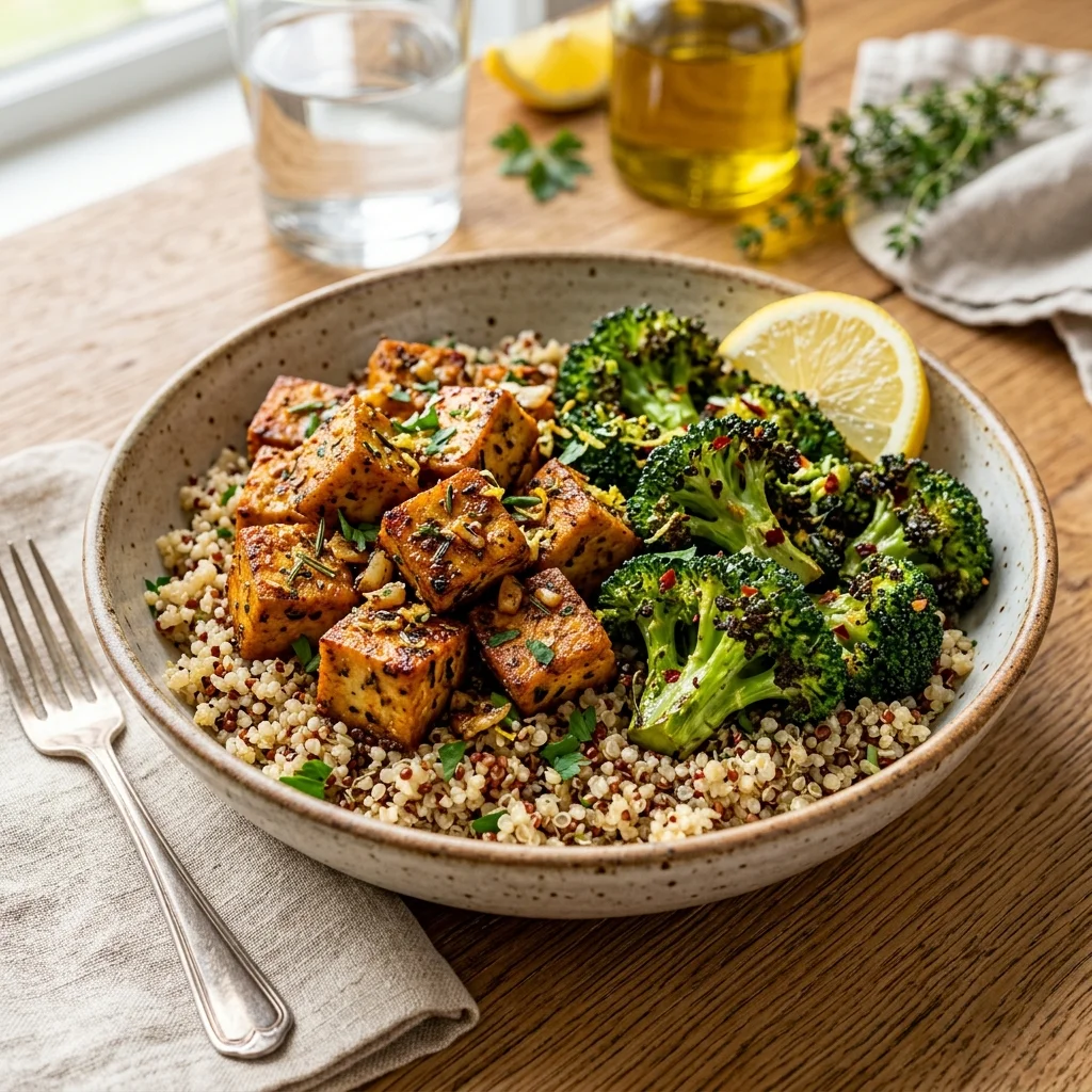 30 High-Protein Vegetarian Recipes Packed with 25g+ Protein 2 Crispy Sheet-Pan Garlic Herb Tofu & Roasted Broccoli Bowls - high protein vegetarian recipes (AI Generated Image)