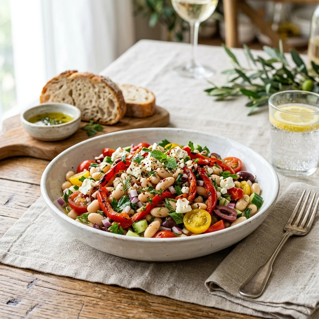 30 High-Protein Vegetarian Recipes Packed with 25g+ Protein 14 Mediterranean White Bean & Roasted Red Pepper Salad - high protein vegetarian recipes (AI Generated Image)