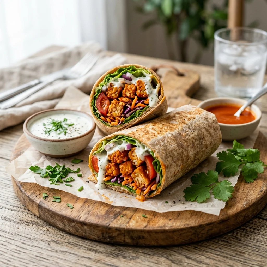 30 High-Protein Vegetarian Recipes Packed with 25g+ Protein 15 Spicy Buffalo Tempeh Wraps with Ranch Greek Yogurt Dressing - high protein vegetarian recipes (AI Generated Image)