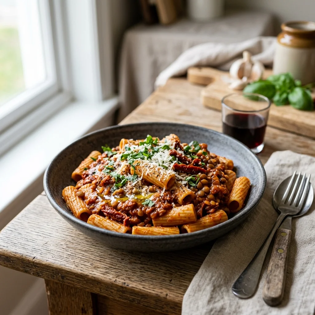 30 High-Protein Vegetarian Recipes Packed with 25g+ Protein 16 Smoky Red Lentil & Sun-Dried Tomato Pasta Sauce - high protein vegetarian recipes (AI Generated Image)