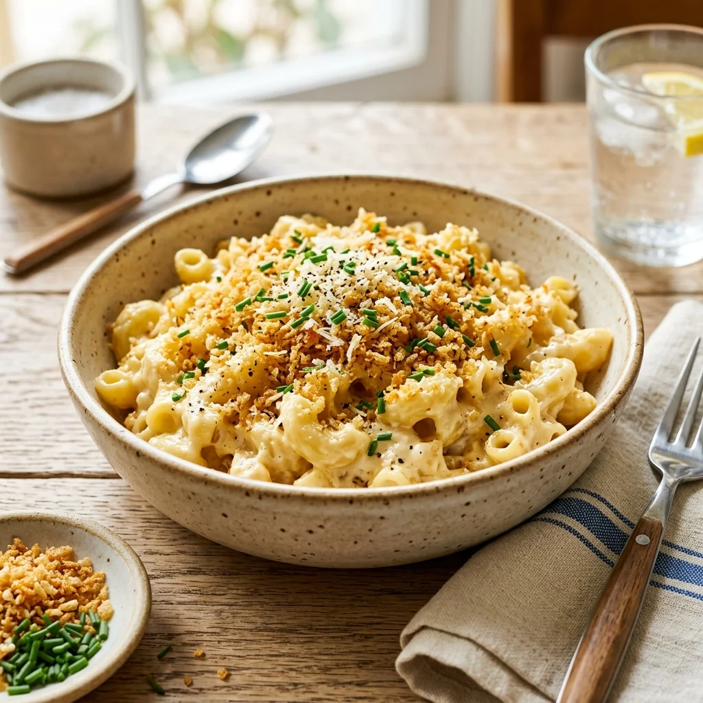 30 High-Protein Vegetarian Recipes Packed with 25g+ Protein 18 High-Protein Cottage Cheese Mac & Cheese with Crispy Panko - high protein vegetarian recipes (AI Generated Image)