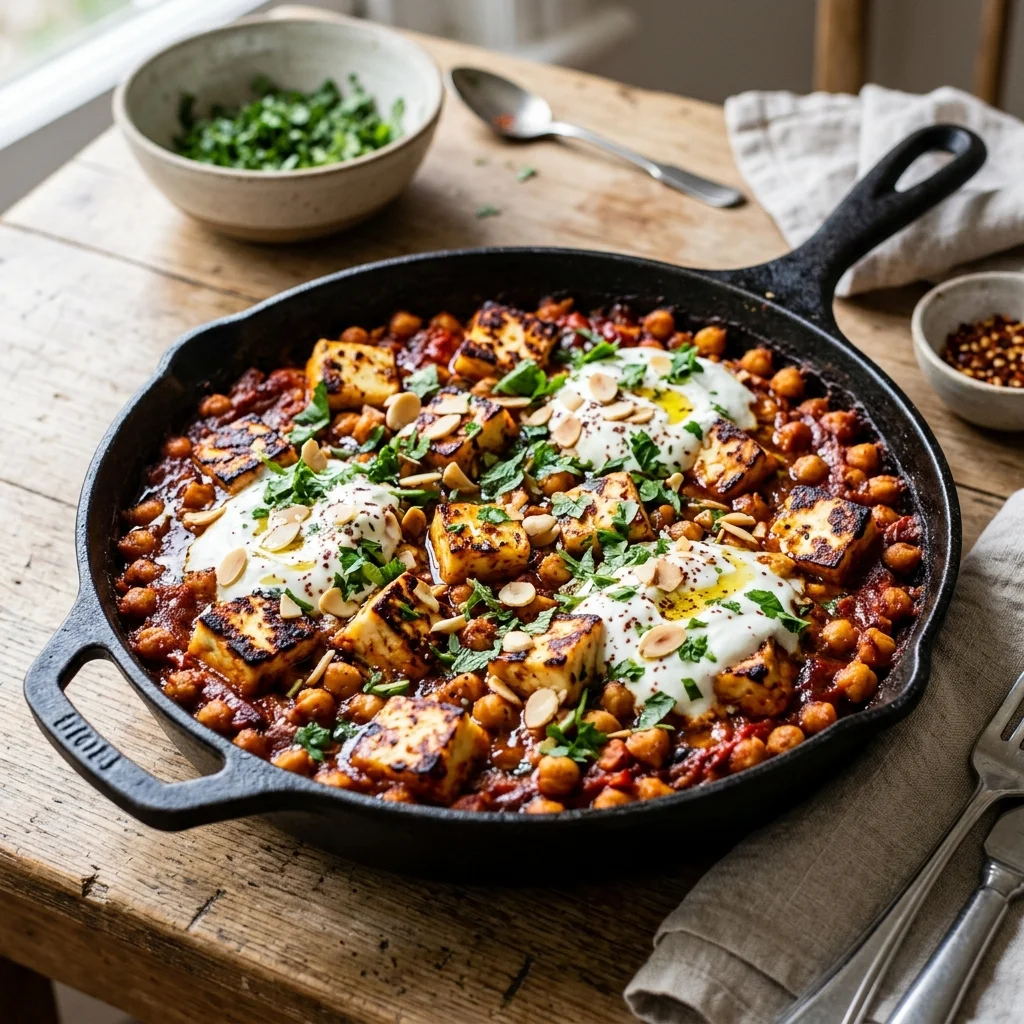 30 High-Protein Vegetarian Recipes Packed with 25g+ Protein 20 Harissa Spiced Chickpea & Halloumi Skillet Bake - high protein vegetarian recipes (AI Generated Image)